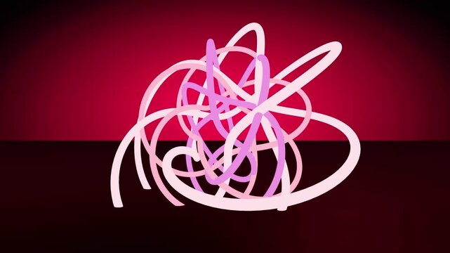 Abstract glowing white and pink tangled scribble loops moving on a dark red surface lines drawings sketch