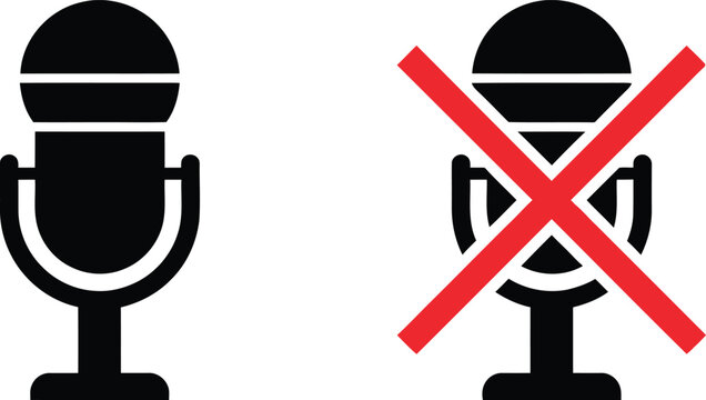 Microphone icon set with one enabled and one disabled sign for audio recording and mute functions
