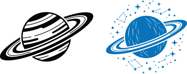 Set of two planet icons with rings in black and blue colors for space and astronomy design © Mst