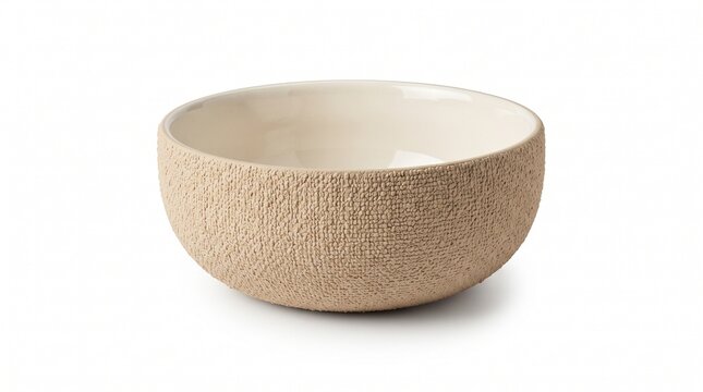 Handcrafted ceramic bowl with textured woven exterior, minimalist beige clay dish for food presentation and kitchenware styling isolated PNG with Transparent Background