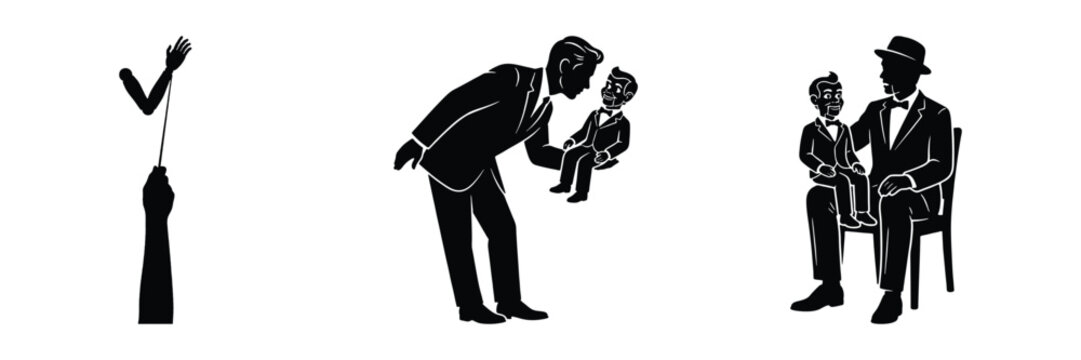 Ventriloquist and dummy silhouette set, ventriloquist controlling puppet with string, bending down to talk to puppet, sitting on chair with dummy vector collection