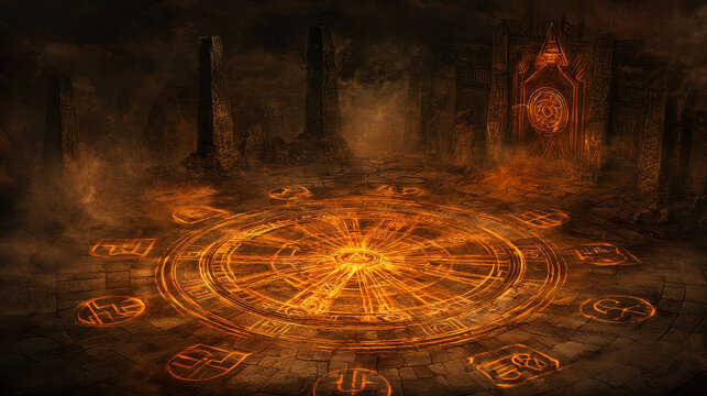 Ancient glowing magic circle with runes, mystical symbols, and fiery energy in dark stone temple, mysterious atmosphere, fantasy, dramatic lighting, enchanted ritual