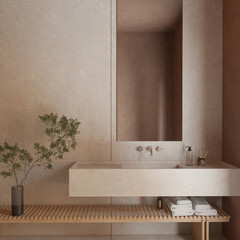 Japandi bathroom interior with vanity and bench , bath accessories , 3d rendering © ANA