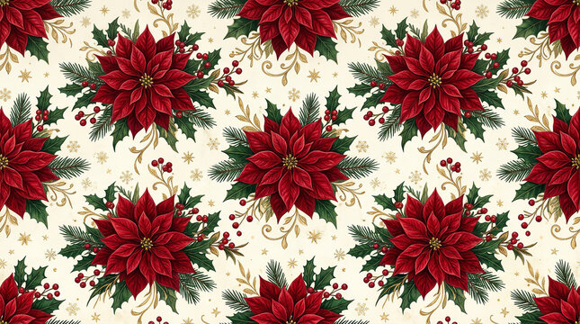 Christmas seamless pattern with vibrant red poinsettia flowers and green holly leaves on a festive background.