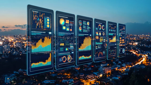 Futuristic transparent digital interface with data analytics, graphs, charts, and statistics displayed over cityscape at dusk, showcasing advanced technology and innovation