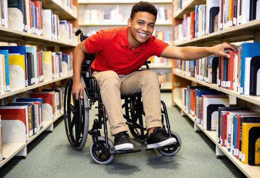 Smiling young Black man in wheelchair picking book from library shelf in bright modern university setting