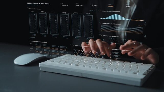 AI specialist is typing. Computing workloads are monitored alongside redundancy, storage and power conditions, illustrating the coordination of resources within a data center environment.