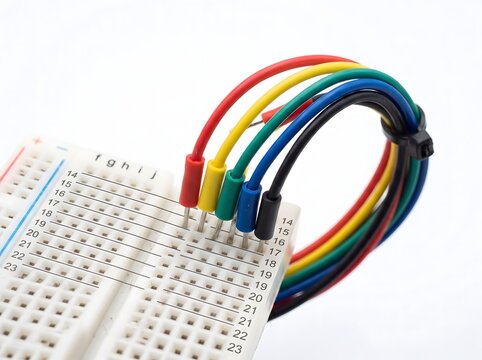 Close up of multicolored jumper wires connected to white breadboard.