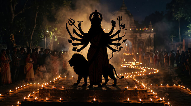 Maa Durga silhouette surrounded by hundreds of glowing oil lamps on a dark stone platform during Navratri