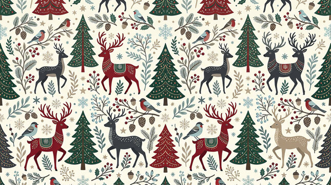 Christmas seamless pattern with winter forest elements featuring deer trees birds berries and snowflakes.