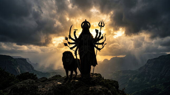 Maa Durga silhouette beneath dramatic monsoon clouds with intense golden sunlight over a distant green landscape for Navratri