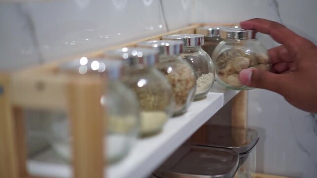 Person grabbing a seasoning jar with a silver lid from a wooden shelf in a bright, modern kitchen. Great stock footage for cooking tutorials and food blogs.