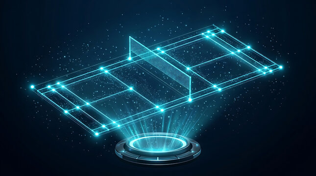Futuristic Glowing Digital Ping Pong Table Hologram on a Technology Pedestal
