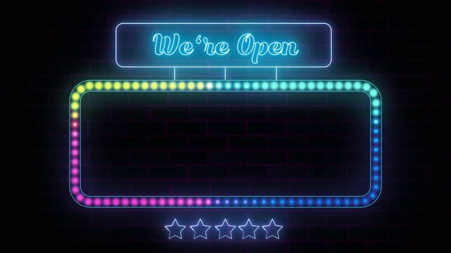 Neon we are open sign with colorful led border and five stars star business retail lighting store