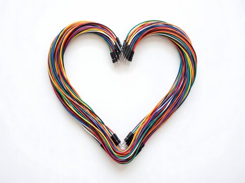 Heart shape formed by colorful jumper wires on a white background for love.