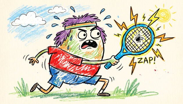 Child doodle of a funny character playing tennis with an electric bug zapper under the sun with sparks flying