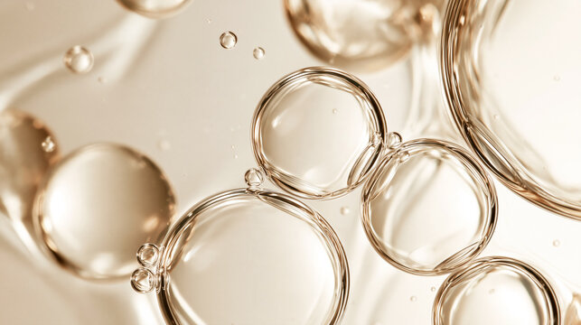 シャンパンカラーの透明な美容液バブルが重なる高級スキンケア広告向けマクロ背景 / Overlapping transparent serum bubbles in champagne tones for luxury skincare advertising backgrounds
