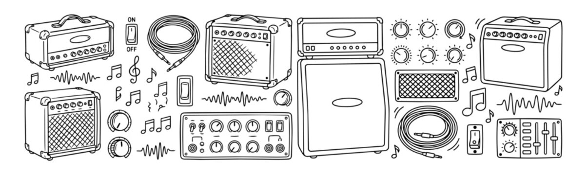 Hand drawn doodle vector mega pack of amplifiers featuring guitar amps, combo amplifiers, control knobs, speaker grilles, audio cables, power switches, music notes and sound waves 