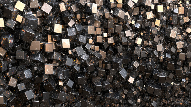 Hyper realistic geometric maze of floating black cube metallic abstract 3D render modern shiny reflective digital art chaotic futuristic immersive visual
