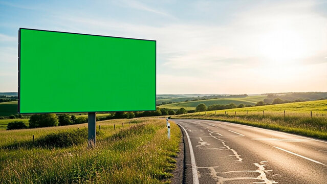 A blank green screen billboard beside a country road at sunset, with rolling hills in the background for the concept of advertisement and communication.