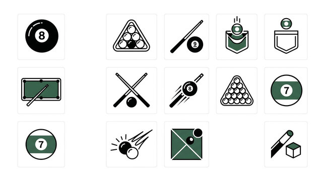 Collection of Billiard and Pool Game Icons with Balls, Cues, and Table Elements.