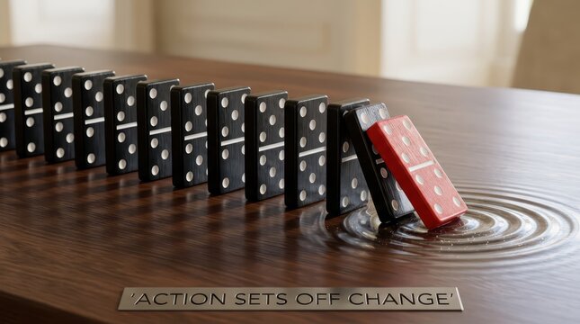 Domino effect, one piece falling causing chain reaction, concept of change and consequence