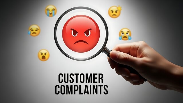 Magnifying glass on a furious emoji face surrounded by unhappy emoji faces, representing customer complaints and dissatisfaction.