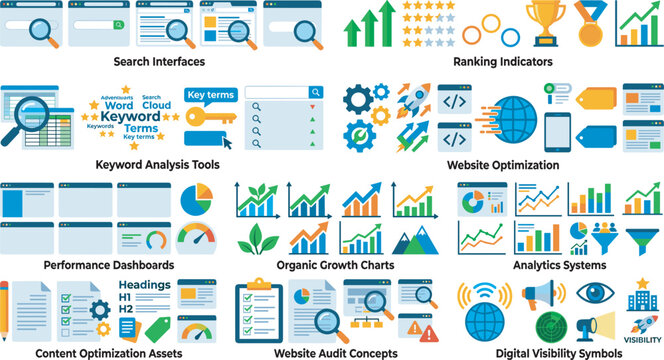 Modern vector illustration collection of digital marketing and search engine optimization icons with web analytics ranking tools organic growth data and website management concepts