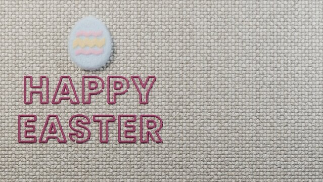 Happy easter stitched outline letters egg linen embroidery spring holiday ideal for greeting cards seasonal campaigns social media posts gift packaging flyers posters and festive promotions