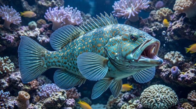 Spotted grouper fish swimming with open mouth in a vibrant coral reef