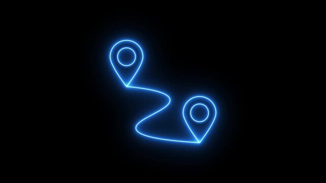 Animated neon route line leading to map pin location on black background. Neon navigation path with location icon and destination marker. Minimal travel and map GPS and logistics design
