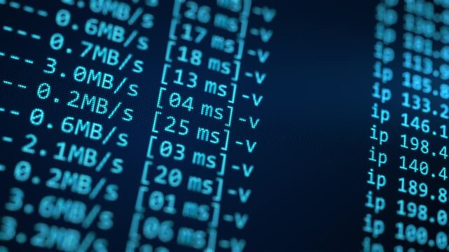 IP addresses and transfer speeds on a blue terminal screen. Network routing, server log and internet traffic