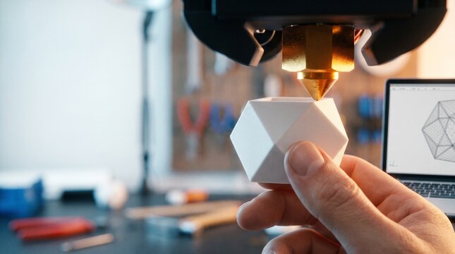 Close-up of 3D printer nozzle printing a white geometric vase
