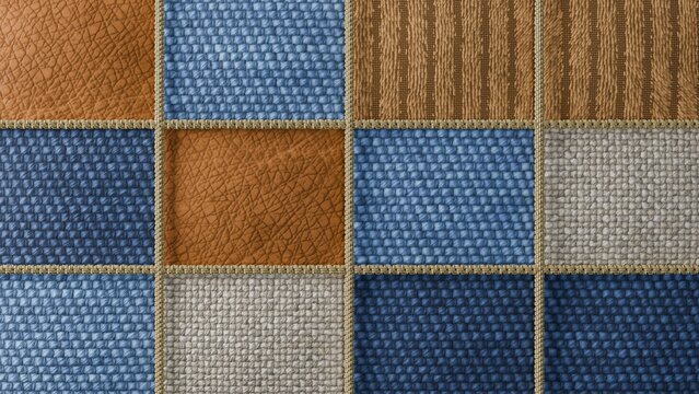 Denim patchwork squares leather corduroy earthy textile fabric background closeup ideal for product packaging greeting cards social media backgrounds web banners and interior design mockups