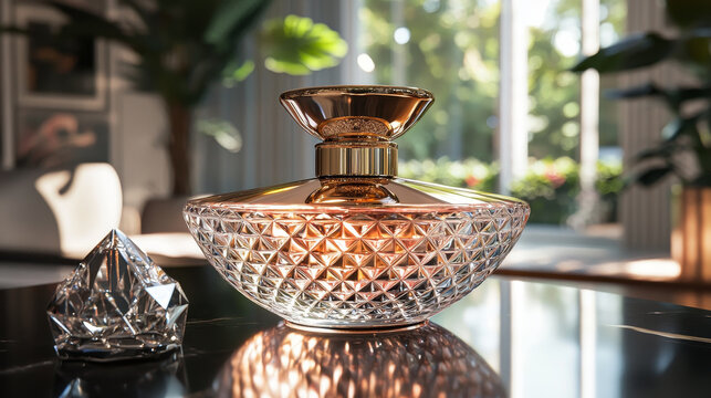 Gold plated perfume bottle crystal luxury elegant sunlight upscale glass decorative fragrance diamond modern interior reflective shiny transparent ornate artistic glamour home table beautiful