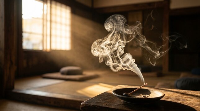 Zen meditation room with incense smoke and sunbeams.