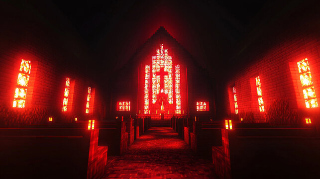 Gothic cathedral interior red stained glass glowing light dramatic atmosphere dark architecture medieval style empty pew spiritual mysterious hyper realistic fantasy