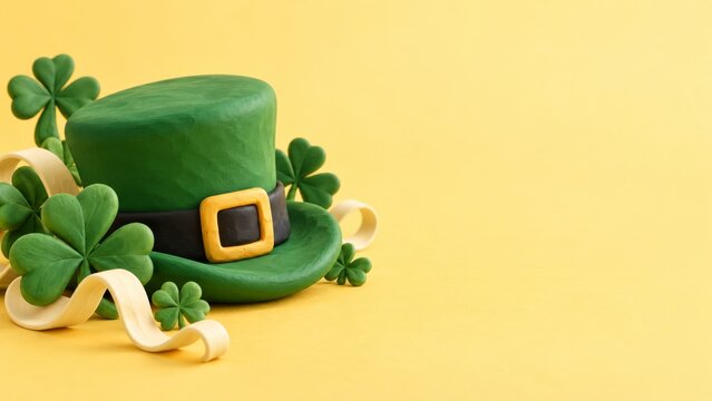 Green clay top hat with a gold buckle beside shamrocks and ribbon