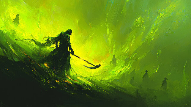 Grim reaper shadowy field green mist dark figure scythe eerie supernatural night silhouette fantasy art mysterious haunting spectral dramatic horror death ghostly surreal atmospheric moody digital