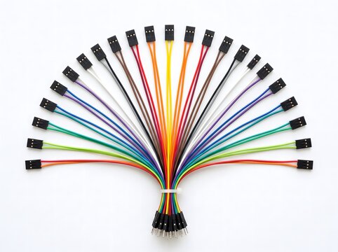 Symmetrical fan arrangement of colorful jumper cables on white base.