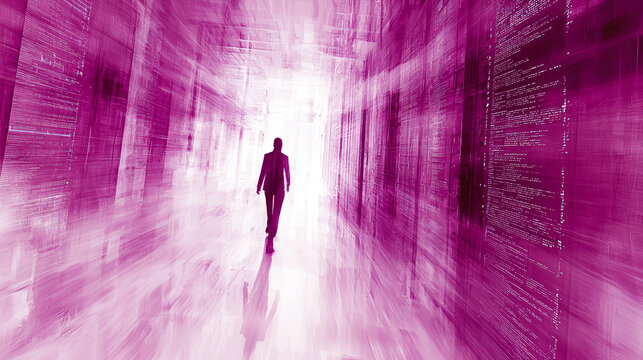 Silhouette corridor digital hacker interface streaming code futuristic abstract purple person technology cyber security data network virtual computer modern mysterious glowing light reflection