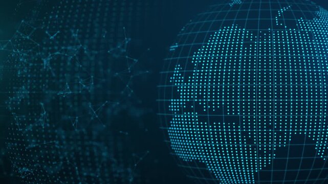 Blue wireframe globe with a glowing network plexus. Global connection, big data and digital communication