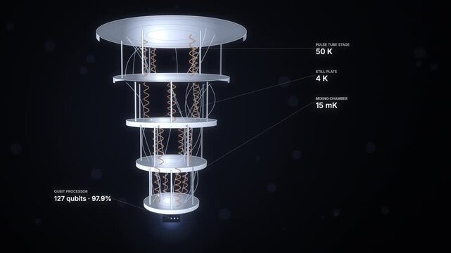 Silver dilution refrigerator with copper coils and temperature callouts, quantum computer orbit