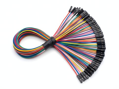 Colorful ribbon jumper cables tied in infinity loop for electronic projects.