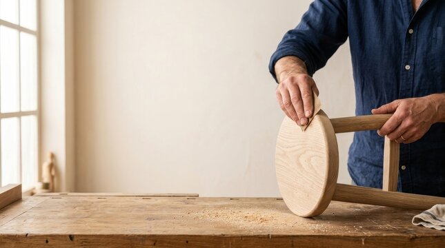 Handmade Craft Creations in a Creative Workshop Craftsman refinishing a wooden chair on a rustic workbench.