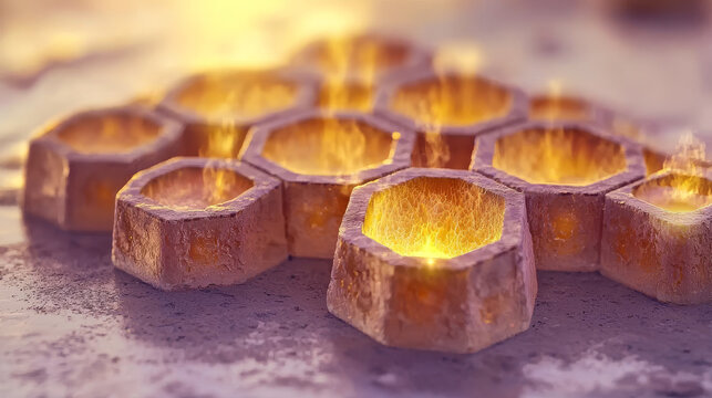 Hexagonal mesh structure glowing with intense orange light, molten metal effect, futuristic industrial design, abstract energy, high detail, warm atmosphere, hyper realistic style