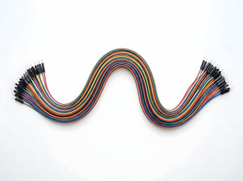 Wave pattern of colorful jumper wires with connectors for hardware coding.