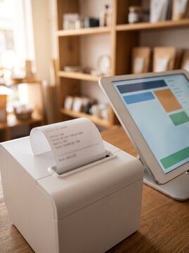 Receipt printer printing a receipt beside a point of sale tablet