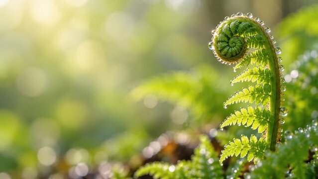 Dew covered fern fiddlehead unfurling against a luminous green background