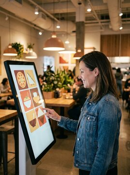 Smiling woman ordering food at a self-service kiosk in a restaurant